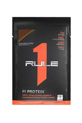 Rule One R1 Protein Sample in Chocolate Fudge flavor, featuring 25g protein from whey isolate and hydrolysate.